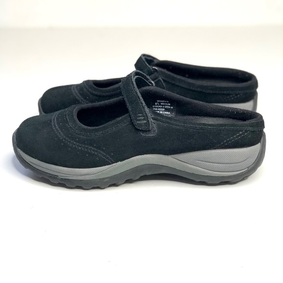 L.L.Bean suede Mary Jane mule slip on shoes hook and loop adjustable strap black - Picture 4 of 11